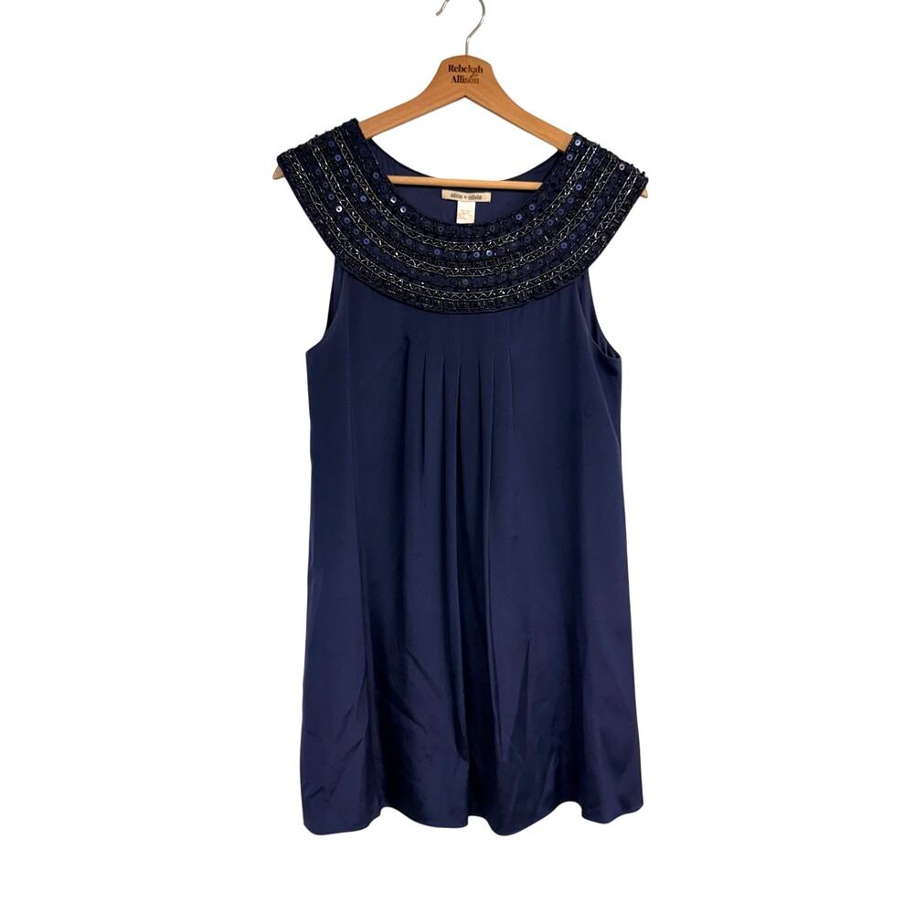 Alice + Olivia Silk Blue Y2K Mini Dress SZ SMALL Navy Blue Beaded Sequin Yoke